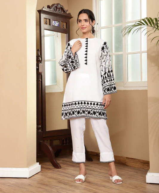 White Black Lace work Kurti